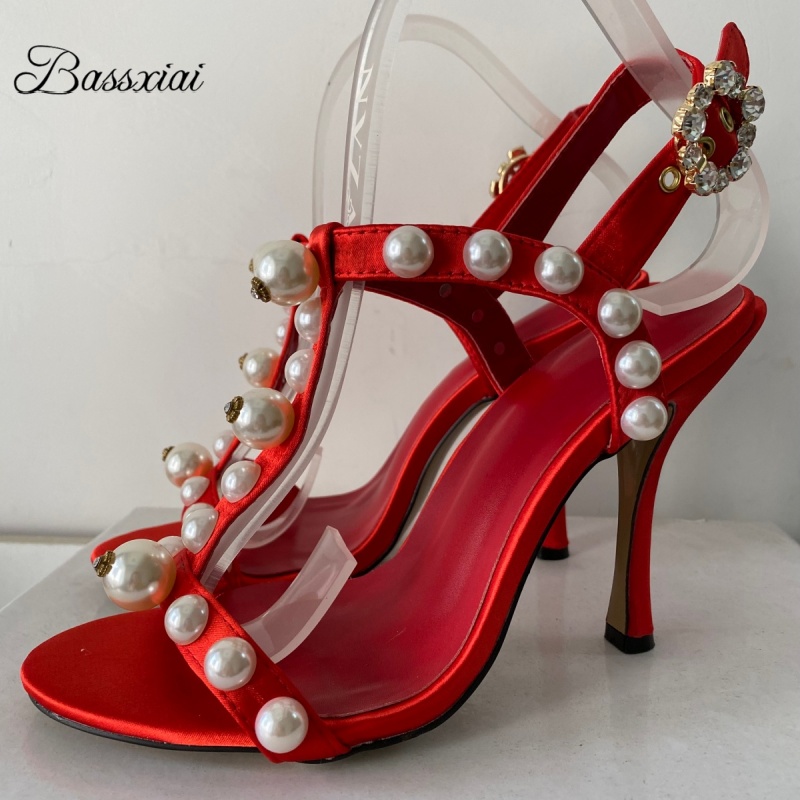 Strappy Heeled Sandals - Pearl Bead Decor T-Strap Stiletto Heel
