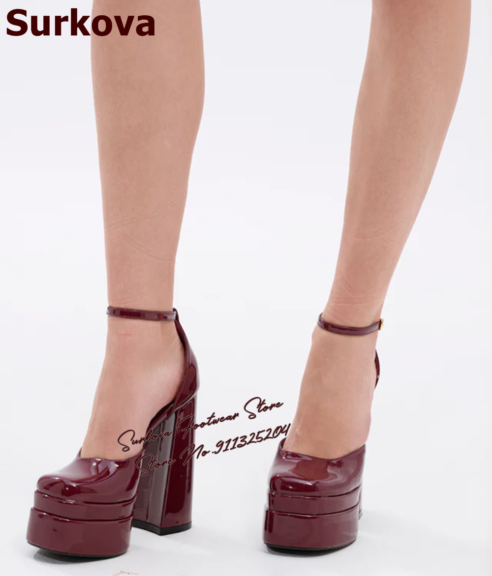 Women'S Shoes Burgundy - Surkova Burgundy Patent Leather Chunky Heel