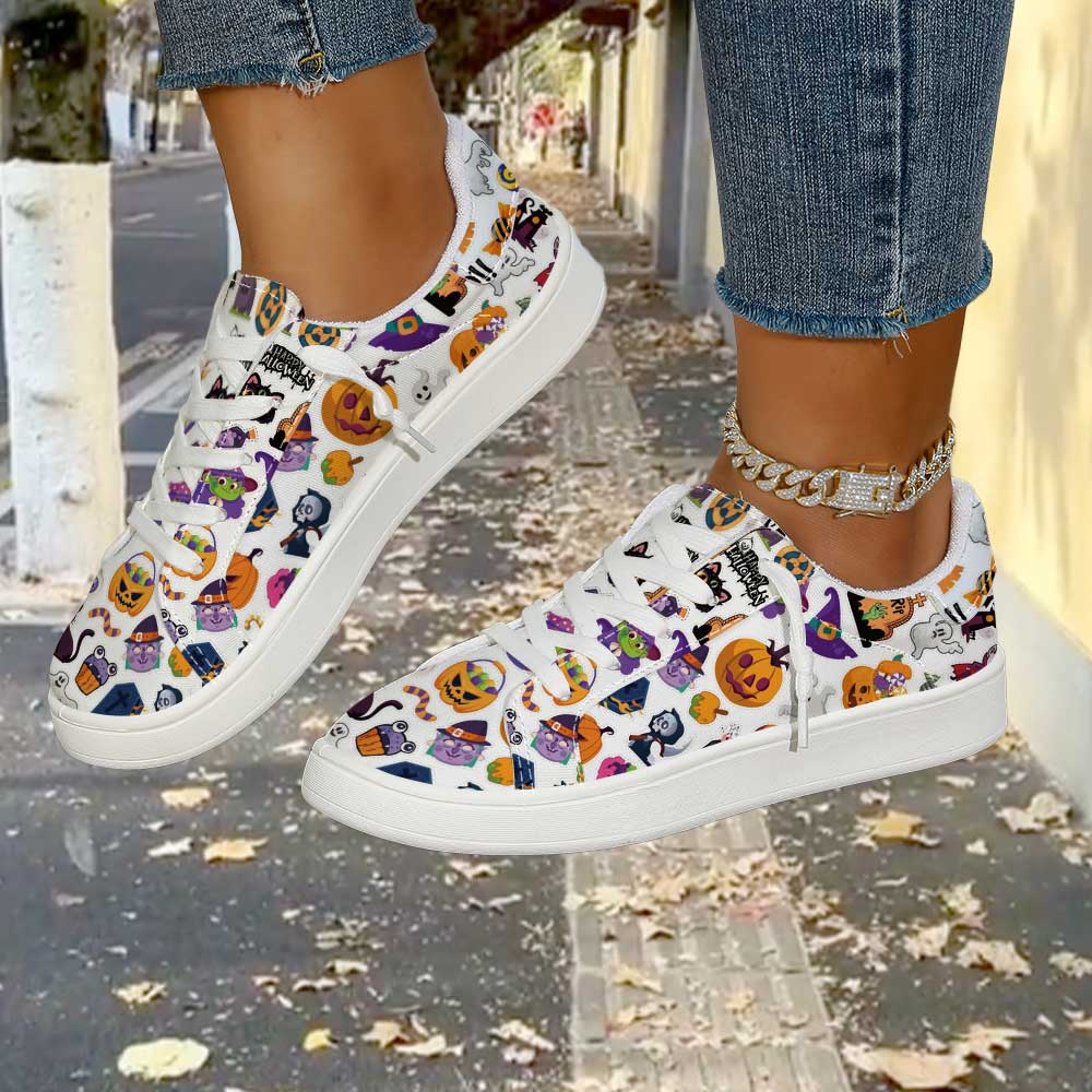 Women'S Shoes Size 12 - Cartoon Halloween Mixed‑Pattern Print Women Low‑Top