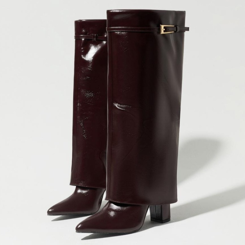 Women'S Shoes Burgundy - Retro Burgundy Knee Heel Boots for