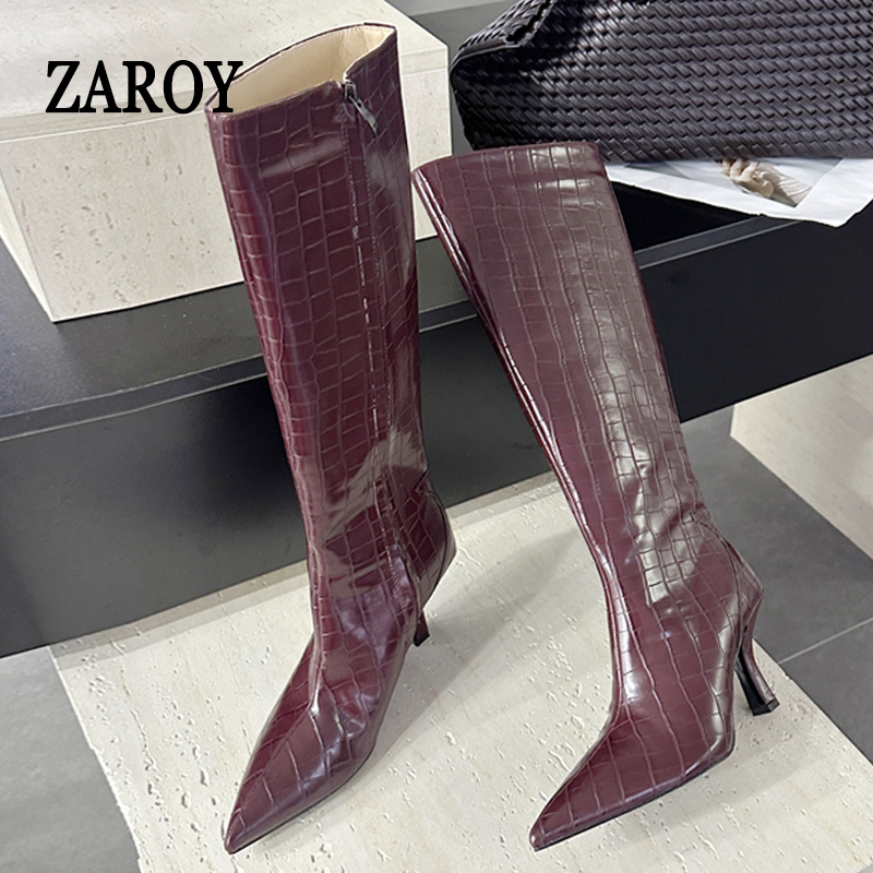 High Knee Heel Boots - ZAROY Brand Designer Burgundy Knee High