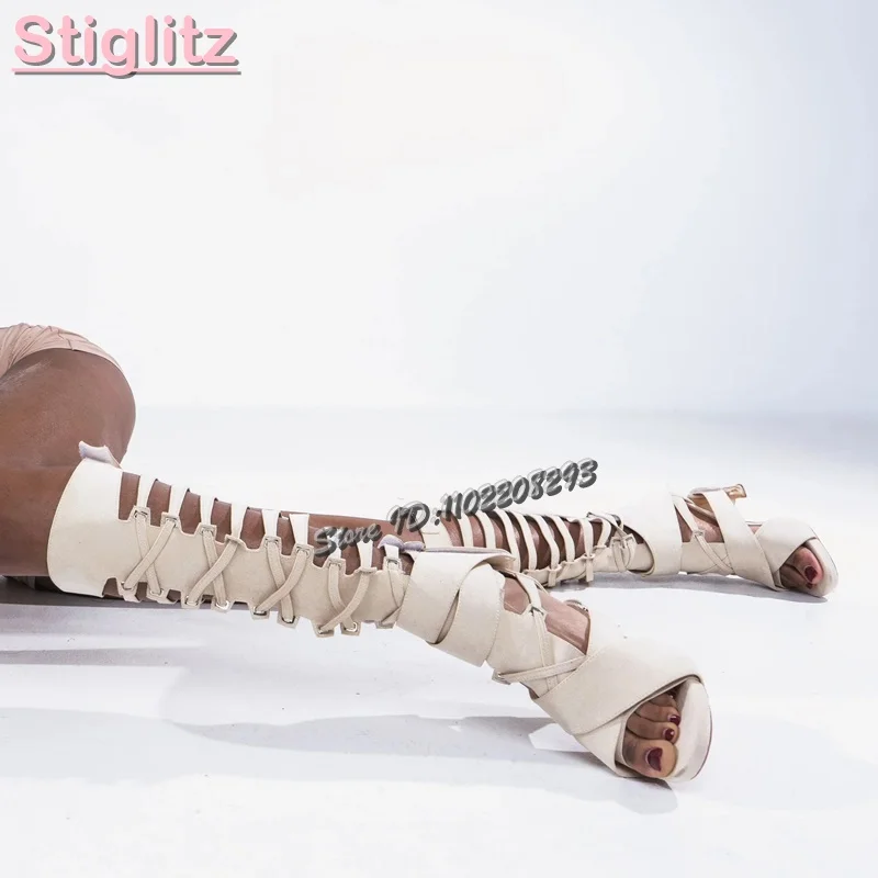 Strappy Heeled Sandals - Retro Cross-tied Roman Sandals Solid Frosted