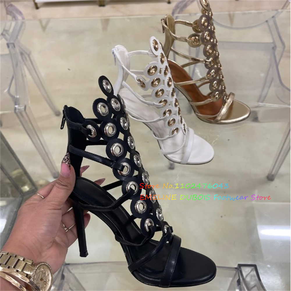 Strappy Heeled Sandals - Gold Metal Circle Decor High Heel