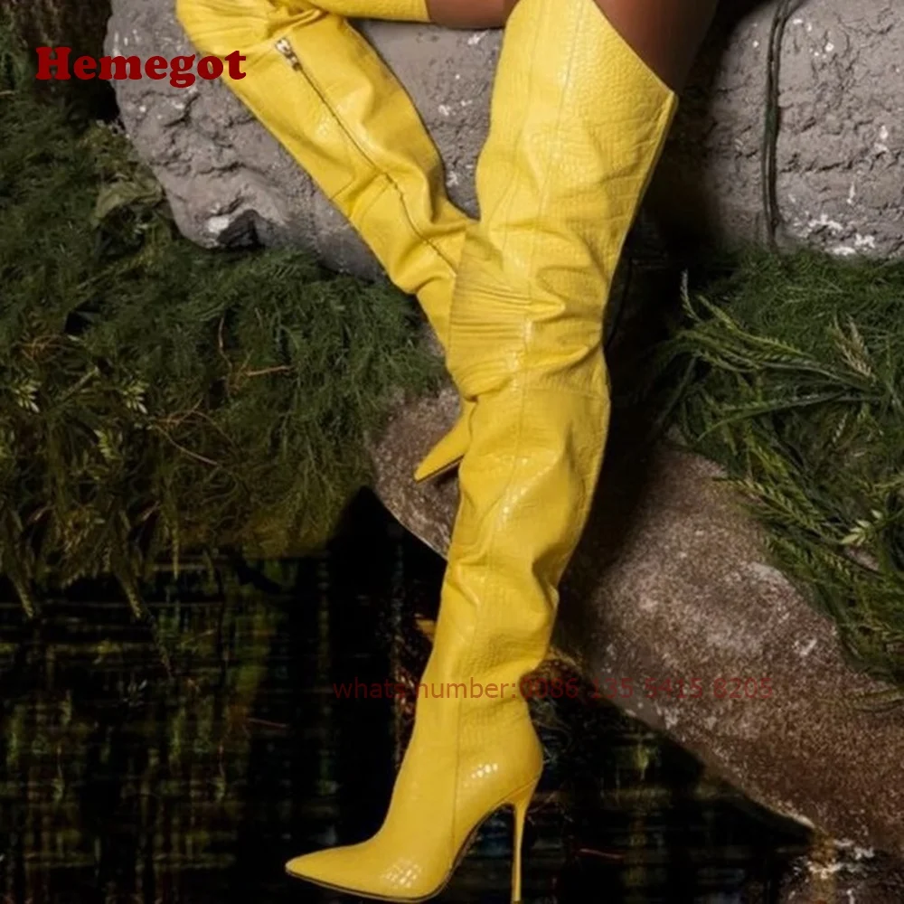 Women'S Shoes Crocs - Croc-Pattern Yellow Thigh High Boots Pointy