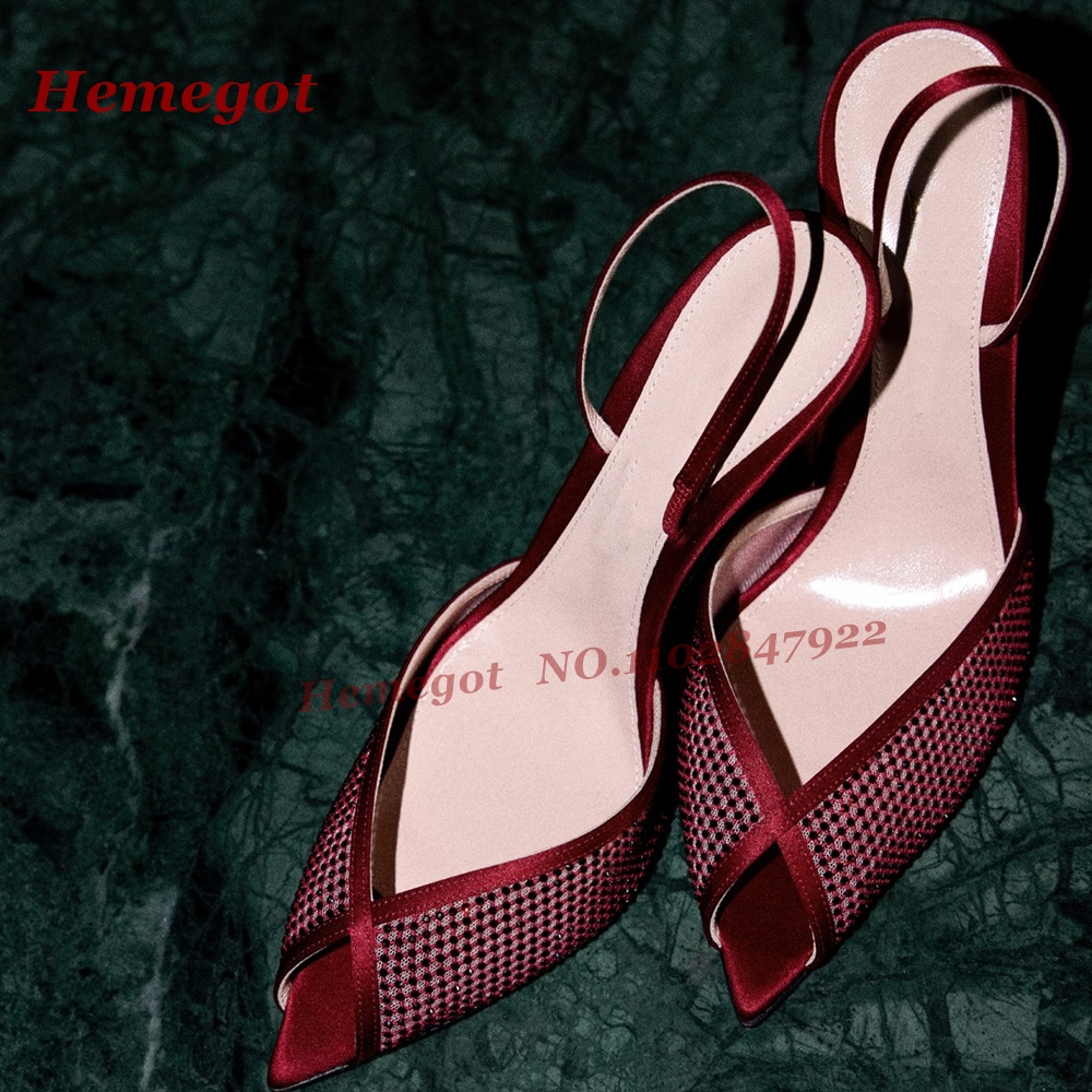 Women'S Shoes Burgundy - Women's Burgundy Satin Mesh Slingback Heels
