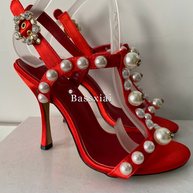 Pearl Bead Decor T-Strap Stile - Strappy Heeled Sandals ulasan dan harga