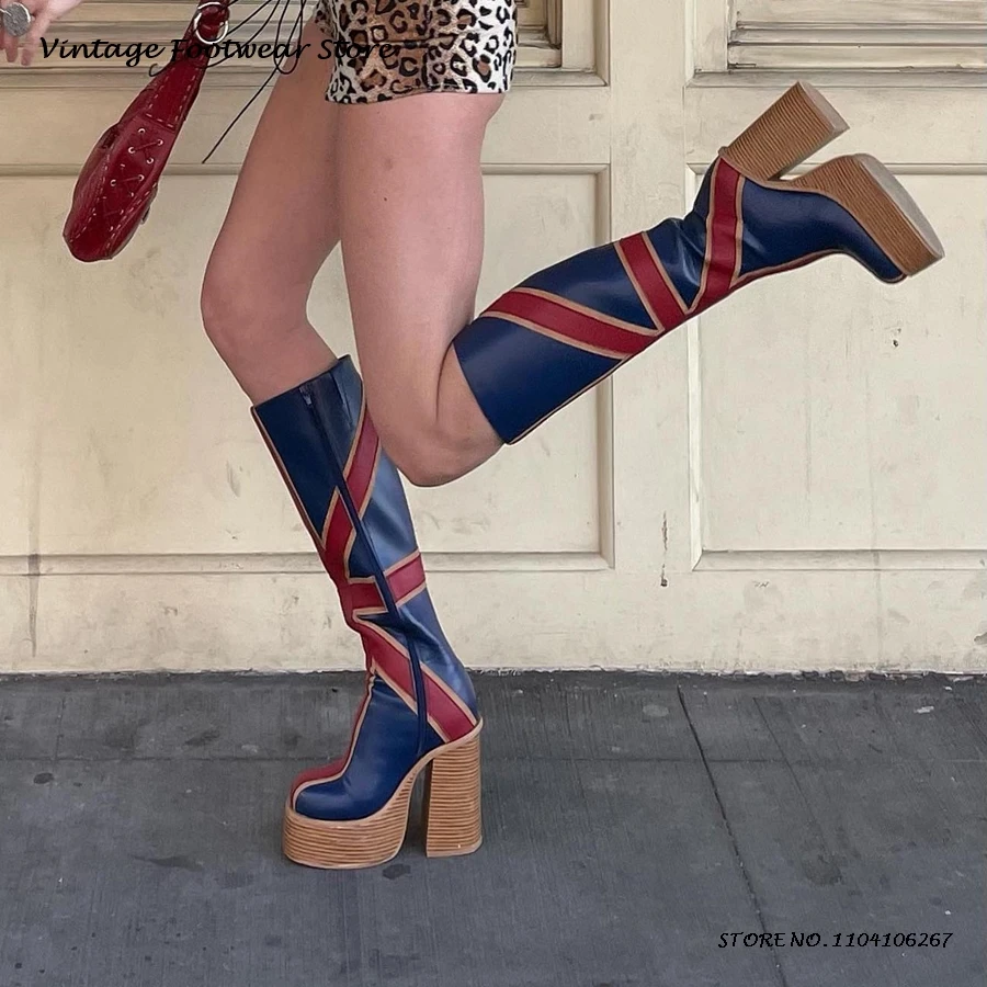 Patchwork Leather Platfrom Kne - High Knee Heel Boots ulasan dan harga