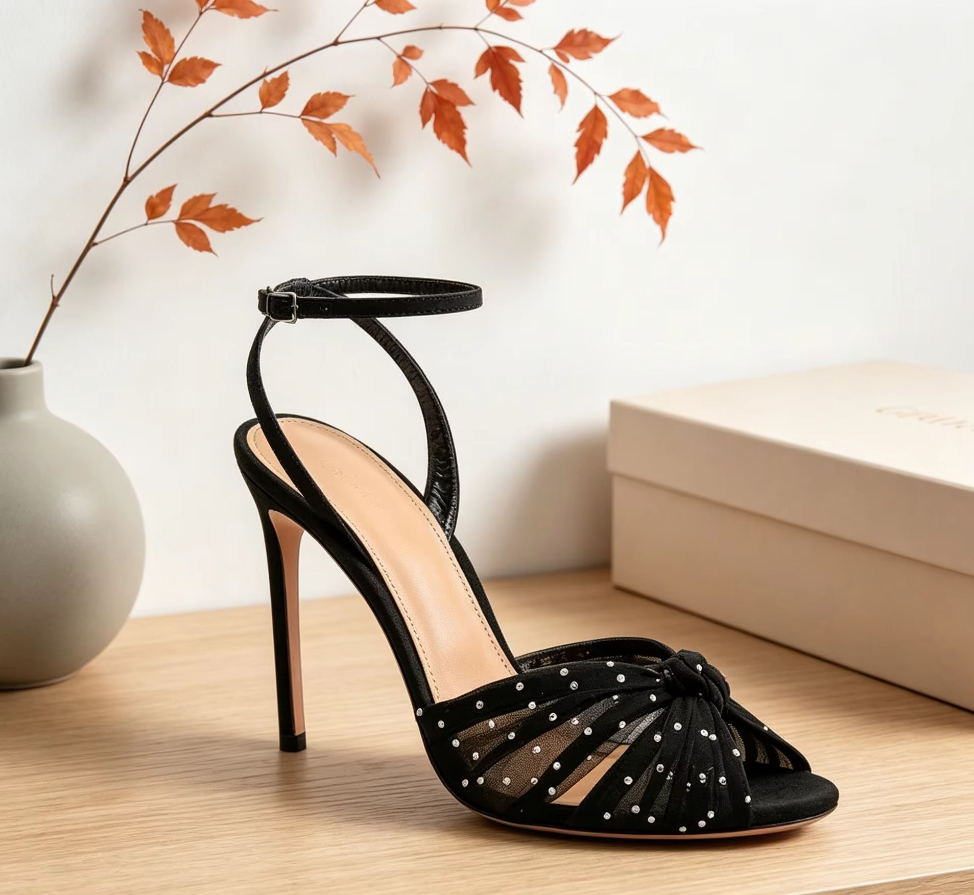 Mesh Rhinestone Knotted Women  - Peep Toe Heels ulasan dan harga