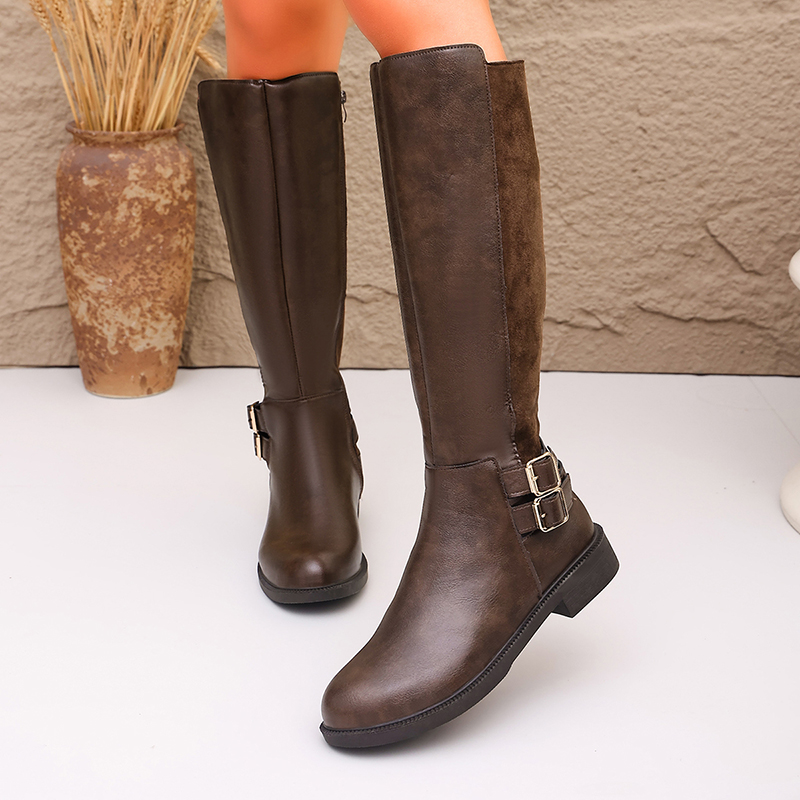 Fashion Buckle Brown Pu Leathe - High Knee Heel Boots ulasan dan harga