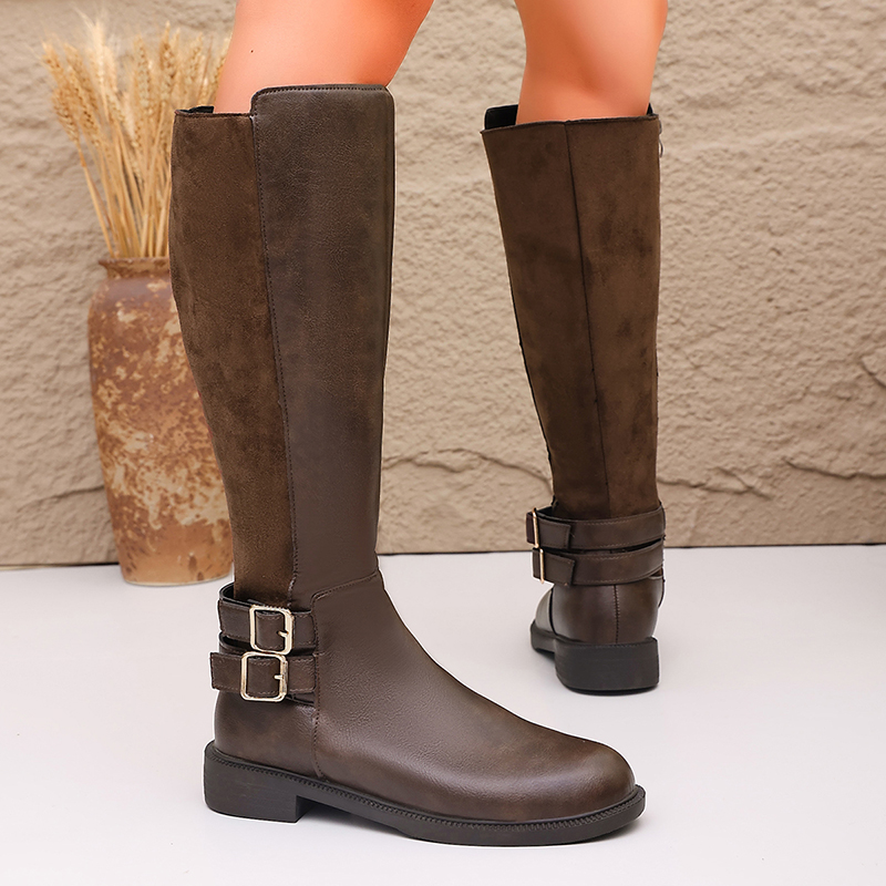 Fashion Buckle Brown Pu Leathe - High Knee Heel Boots ulasan dan harga