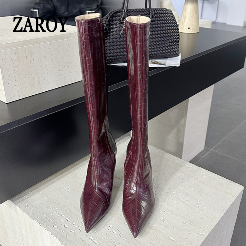 ZAROY Brand Designer Burgundy  - High Knee Heel Boots ulasan dan harga